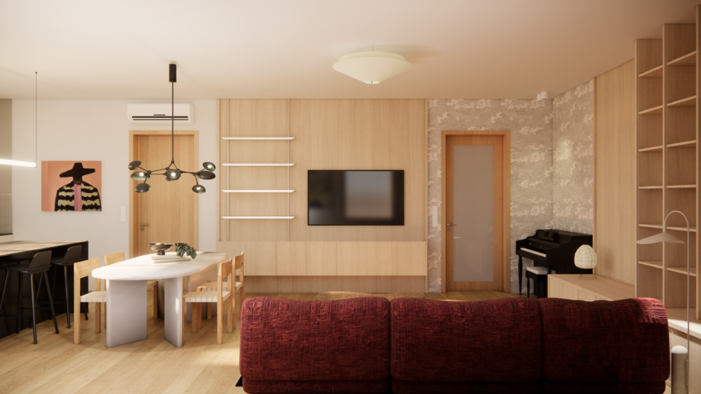 Design obývacího pokoje s bordó pohovkou a kobercem v broskvovém odstínu