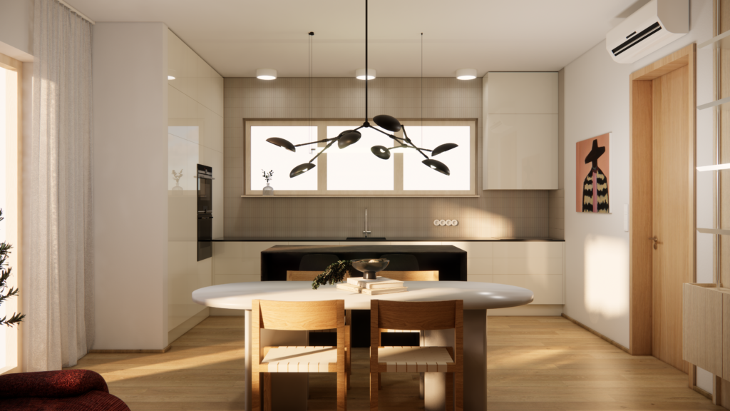 Návrh obývacího pokoje s kuchyní v Praze, moderní interiér se světlým dřevem