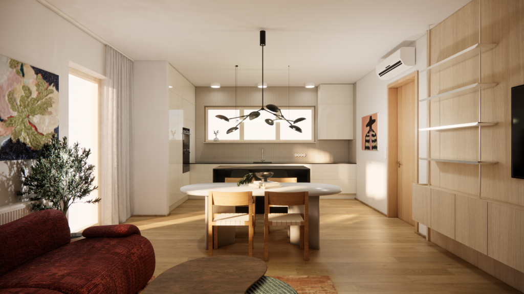 Interiérový design otevřeného obývacího pokoje propojeného s bílou kuchyní